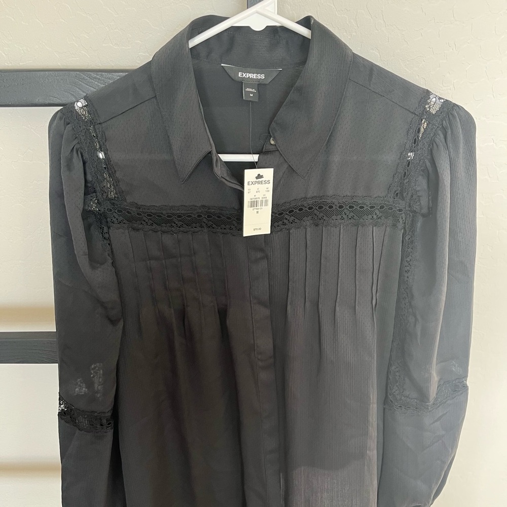 Express black long sleeve sheer blouse with lace